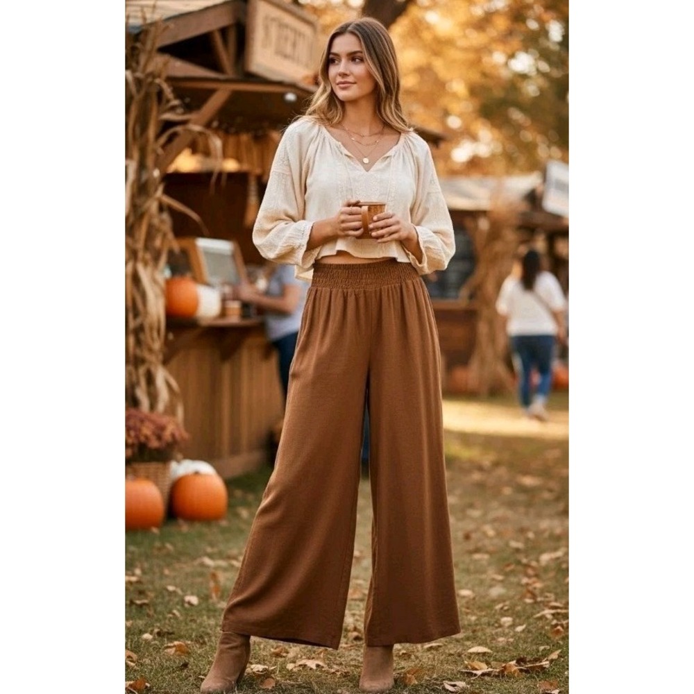 Sanctuary Wide Leg Smocked Waist Pants Pull On Sz S Brown Boho Festival